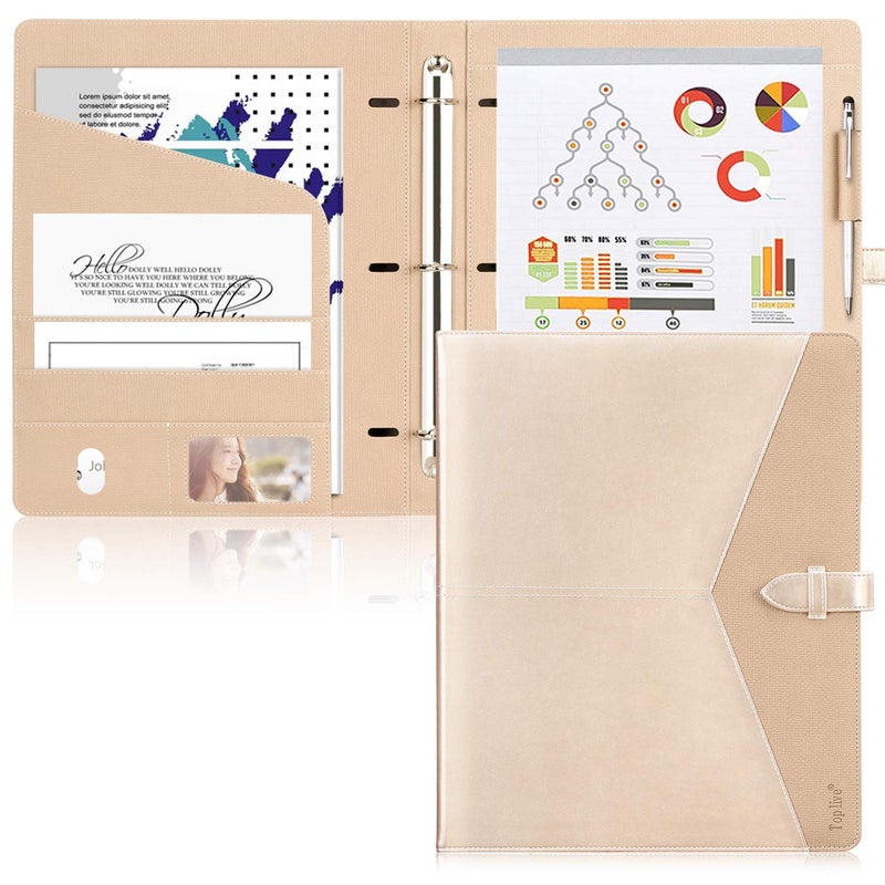 Toplive Padfolio 3 Ring Binder Organizer Business Portfolio Folder for Women, A4/ Letter Size PU Leather Portfolio Padfolio for Interview Conference Presentation, Gold - Image 1
